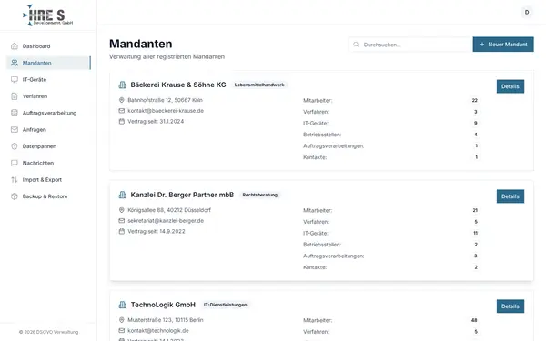 Screenshot: Mandantenverwaltung – Beliebig viele Unternehmen zentral betreuen – sauber getrennt.