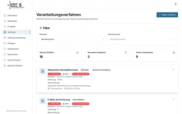 Screenshot: Verarbeitungsverzeichnis – Verzeichnis von Verarbeitungstätigkeiten nach Art. 30 DSGVO.