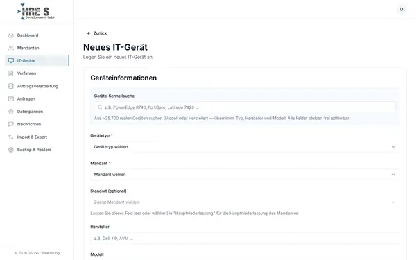 Screenshot: Geräte-Picker – Tippen, Vorschlag auswählen, fertig – aus einem gepflegten Katalog.