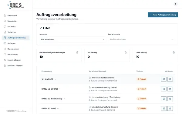 Screenshot: Auftragsverarbeitung – AVV-Verträge nach Art. 28 DSGVO verwalten und überwachen.