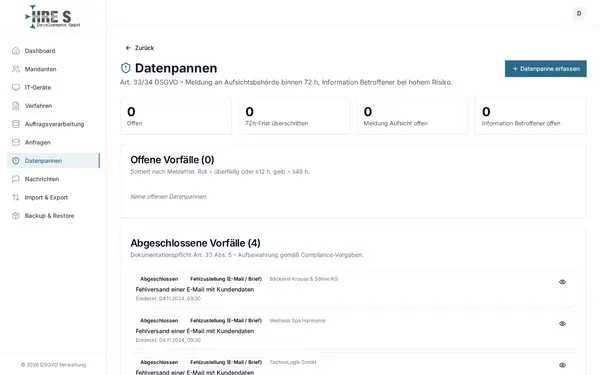 Screenshot: Datenpannen – Meldepflicht im Blick – 72-Stunden-Frist nach Art. 33 DSGVO.