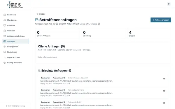 Screenshot: Betroffenenanfragen – Auskunft, Löschung & Co. fristgerecht bearbeiten – Art. 15–22 DSGVO.
