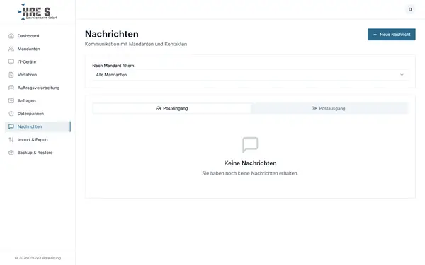 Screenshot: Nachrichten – Sichere Kommunikation zwischen Datenschutzbeauftragtem und Unternehmen.