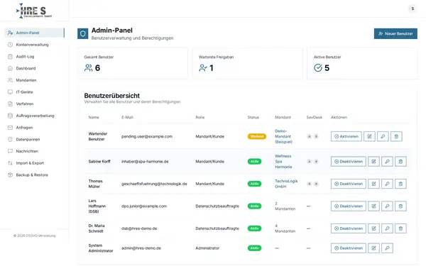 Screenshot: Administration – Benutzer- und Rechteverwaltung für Administratoren.