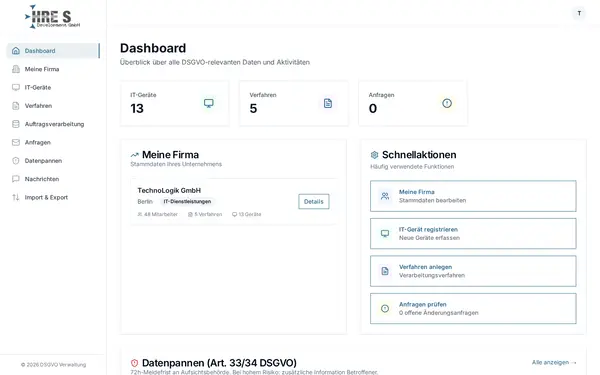 Screenshot: Unternehmenssicht – Auch das Unternehmen selbst sieht jederzeit seinen Datenschutz-Status.
