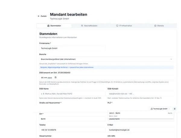Screenshot: DSB-Einladung – Externen DSB per Self-Service einladen – Token, 14 Tage TTL, kein Admin-Eingriff.