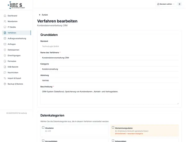 Screenshot: Verfahren ↔ AVV – TOMs und Drittland-Transfers aus verknüpften AVVs am Verfahren sichtbar.